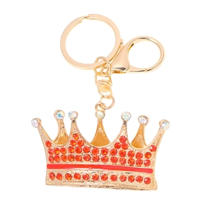 Detail of gold crown keychain with red rhinestones, zinc alloy finish and lobster clasp