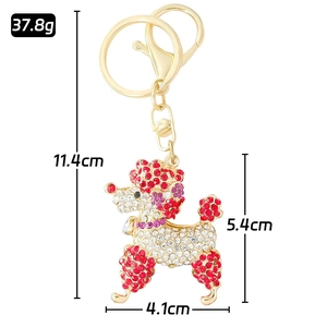 Porte-clés caniche scintillant avec strass rouges et blancs sur métal doré, 11,4 cm de long
