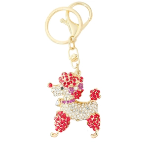 Porte-clés caniche scintillant avec strass rouges et blancs sur métal doré