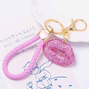 Rhinestone Lips Keychain For Women Braided Leather Rope Gold Plated Heart Charm Key Ring Purse Bag Pendant Fashion Accessory