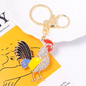 Rhinestone Rooster Keychain Gold Alloy Zinc Colorful Enamel Animal Bag Pendant Charm Jewelry Zodiac Chicken Gift