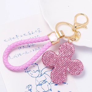 Four Leaf Clover Rhinestone Keychain Double Sided Crystal Flower Bag Charm With PU Leather Braided Rope Heart Pendant Gold Plated Alloy Key Ring For Women Birthday Gift