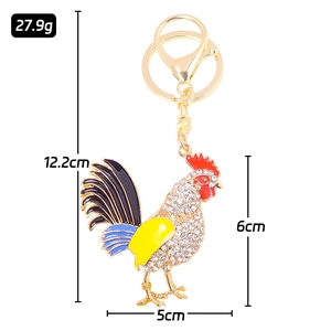 Colorful rooster crystal keychain with rhinestones and enamel, size 5x6cm, weight 27.9g