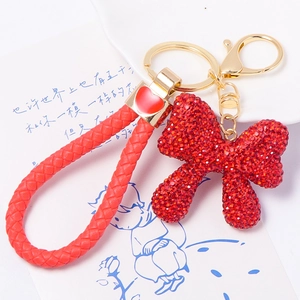 Fashion Rhinestone Bowknot Keychain With Braided Leather Rope Heart Charm Metal Bag Pendant For Women Birthday Gift