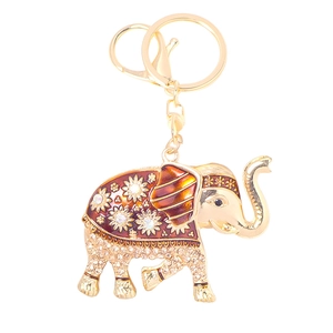 Goldener Elefant-Schlüsselanhänger mit Strasssteinen und rotem Blumenmuster-Detail