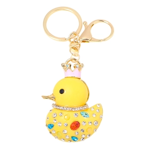 Sparkling yellow resin duck keychain with pink crown and colorful rhinestones