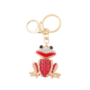 Golden frog keychain pendant with sparkling red rhinestones and lobster clasp hardware