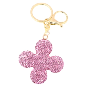 Pink rhinestone four leaf clover keychain with golden alloy ring and lobster clasp
