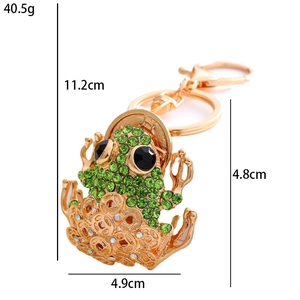 Golden frog keychain with green rhinestones and crystal base, 11.2cm total length