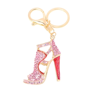 Pink rhinestone high heel shoe keychain with gold alloy metal ring and lobster clasp