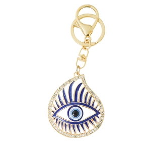 Golden Evil Eye keychain with teardrop blue enamel pendant and sparkling rhinestones