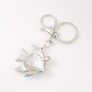 Silver coral fish keychain with blue rhinestones and white faux pearl decoration