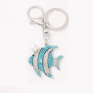 Tropical fish keychain with blue rhinestones and pearl accent on silver metal ring