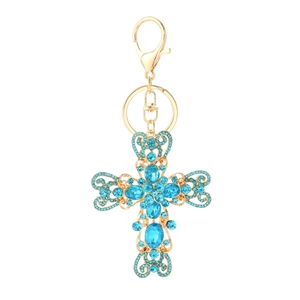 Porte-clés croix dorée orné de cristaux bleu ciel avec fermoir mousqueton et anneau