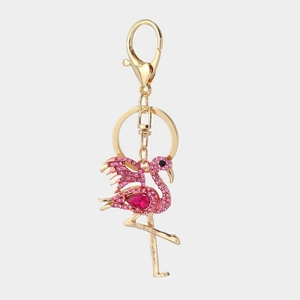 Porte-clés flamant rose orné de strass brillants et alliage doré avec mousqueton