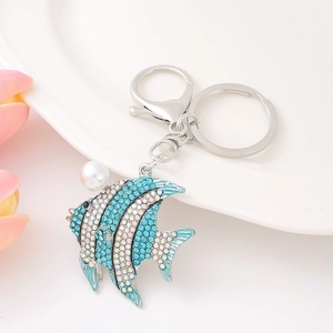 Tropical Fish Rhinestone Keychain Zinc Alloy Marine Animal Key Ring With Faux Artificial Pearl Decorative Bag Pendant For Women Gift