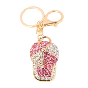 Sparkling rhinestone baseball cap keychain with pink and white crystals on a gold-plated link