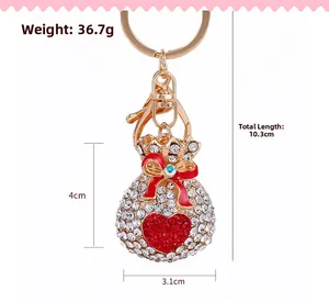 Detailed size map of rhinestone money bag keychain with dimensions and weight specs