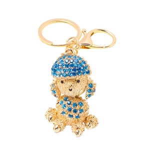 Sparkling blue rhinestone poodle keychain with golden metal ring and lobster clasp