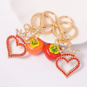 Süße Persimone Herz Krone Strass Schlüsselanhänger Zinklegierung Emaille Frucht Tasche Anhänger Viel Glück Geschenk Für Damen