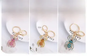 Detailed views of spider keychains with pink yellow and blue rhinestones on gold alloy