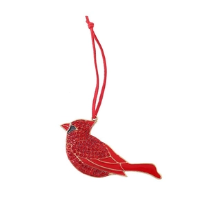 Sparkling cardinal bird hanging ornament with red rhinestones and golden metal trim