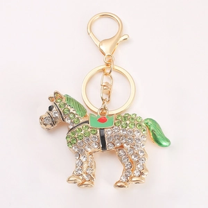 Portachiavi a forma di cavallo con cristalli scintillanti, smalto verde e finitura dorata