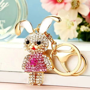 Golden rabbit keychain with pink crystals for car bags and backpack accessories