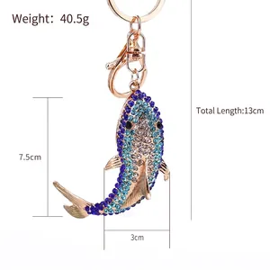 Blue rhinestone ocean shark keychain with golden metal ring and lobster clasp, 40.5g