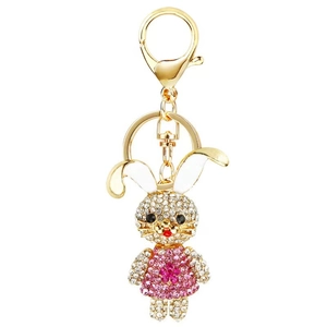 Sparkling zodiac rabbit keychain with pink crystal dress and golden lobster clasp ring