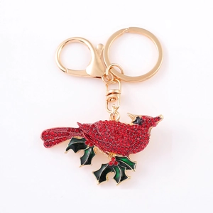 Luxurious red cardinal bird keychain with red rhinestones and golden hardware