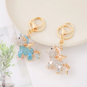 Luxury Alloy Unicorn Keychain Gold Plated Enamel Rhinestone Keyring Flying Horse Bag Pendant For Women Kids Gift Jewelry