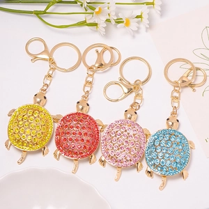 Porte-clés tortue en cristal étincelant en quatre couleurs avec anneaux métalliques