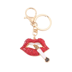 Sparkling red lips with cigarette rhinestone keychain in golden finish for handbags