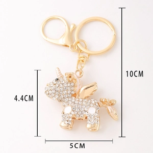Sparkling white rhinestone unicorn keychain in gold finish with metal lobster clasp