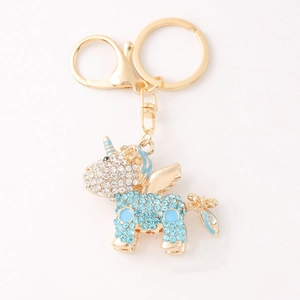 Golden unicorn keychain with sparkling blue rhinestones and a secure spring ring clasp
