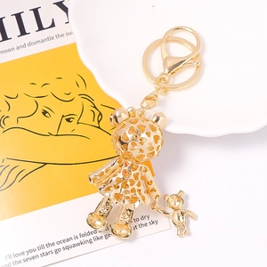 Sparkling gold metal mother and baby bear keychain with rhinestone heart and lobster clasp