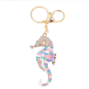 Sparkling seahorse keychain with colorful enamel and rhinestones on gold metal ring