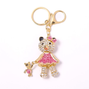 Sparkling rhinestone metal bear keychain featuring gold-tone mother and child bears