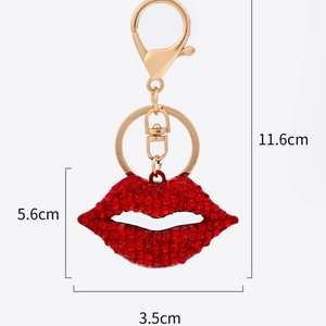 Sparkling red rhinestone lip-shaped keychain with gold alloy lobster clasp accessory