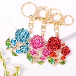 Luxurious Zinc Alloy Rhinestone Rose Flower Keychain Creative Metal Keyring Pendant For Women Handbag Accessories Gift