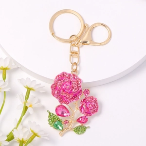 Exquisite pink rose crystal keychain with sparkling rhinestones and golden lobster clasp