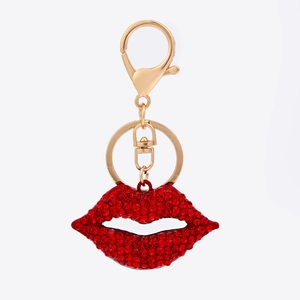 Sparkling red lips rhinestone keychain with premium polished gold metal lobster clasp