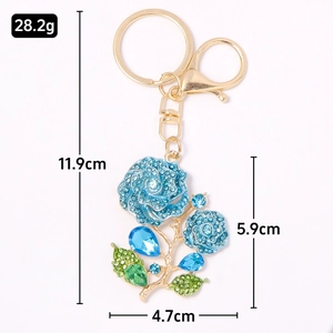 Creative blue rose crystal keychain with sparkling rhinestones and gold alloy lobster clasp