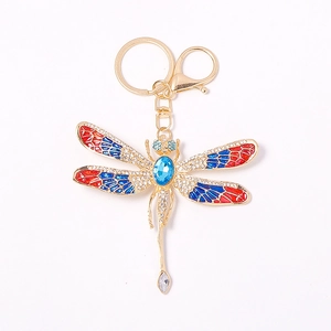Luxurious dragonfly crystal keychain with red and blue enamel wings and rhinestones