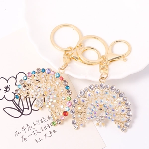 Luxury Peacock Rhinestone Keychain For Women Gold Alloy Metal Animal Bag Charm Pendant Decorative Car Key Ring Gift