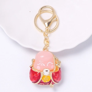 Lucky God of Longevity keychain with pink chalcedony texture and gold metal ring