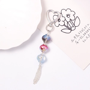 Handmade Gradient Glass Bead Keychain With Heart Metal Clasp Long Tassel Luminous Bag Charm Pendant Jewelry For Women Gift