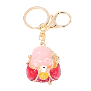 Chinese God of Longevity keychain with pink chalcedony texture and golden alloy clasp