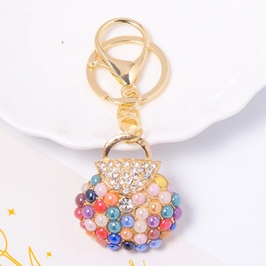 Creative Metal Handbag Keychain With Artificial Pearl Rhinestone Embellished Mini Bag Charm Fashion Key Ring For Women Bag Accessory